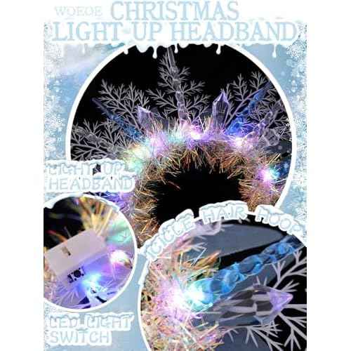 Woeoe Christmas Light up Headband LED Snowflake Hair Hoop Icicle Sparkly Glowing Xmas Headpiece Holiday Party Costume Hair Band for Women and Girls