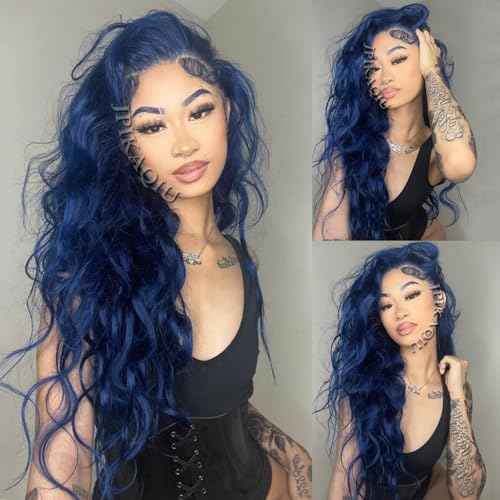 24 Inch Dark Blue Wig Blue Lace Front Wig Pre Plucked Long Body Wave 13x4 HD Lace Wig Glueless Navy Blue Colored Synthetic Lace Front Wigs For Fashion Women
