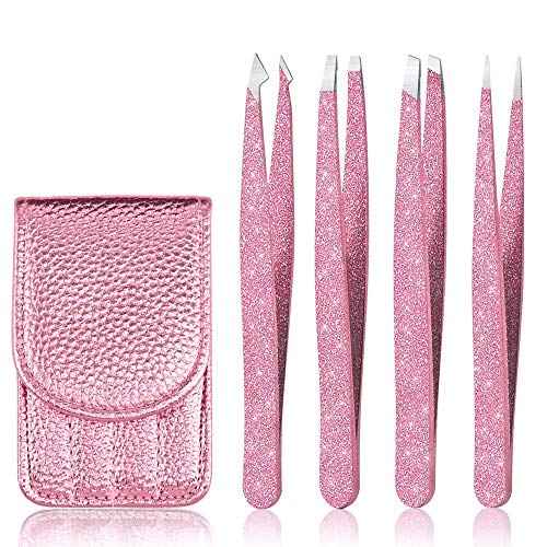 Eyebrow Tweezer Set, 4 Pcs Professional Stainless Steel Tweezers for Women, Precision Tweezer for Facial Hair, Splinter and Ingrown Hair Removal£¨Rose Gold£©