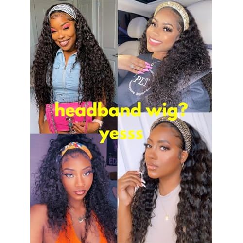 Water Wave Headband Wig Human Hair 18inch Curly Drawstring Headband Wigs Human Hair Wear and Go Glueless Wigs for Black Women Brazilian Virgin Hair 220 Density Natural Color