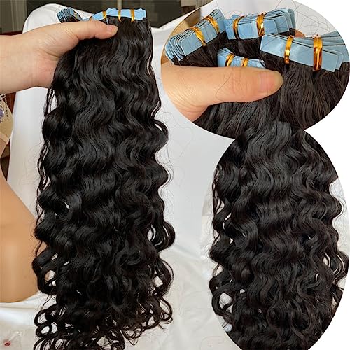 Tape in Hair Extensions Natural Wavy Real Human Hair 20inch Nautural Black Water Wave Brazilian Remy Human Hair Natural Color Tape on Human Hair Extensions 40pcs 100g #1B