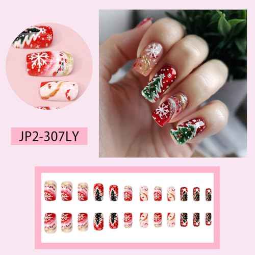 Christmas Press on Nails Medium Square Fake Nails Red Stick on Nail Winter False Nail with Design Xmas Tree Snowflake Gold Striped Nail Tips Pree ons Full Cover Xmas Nails for Women Manicure 24Pcs