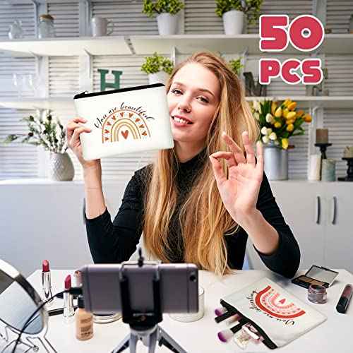 Mumufy 50 Pcs Rainbow Cosmetic Bags for Women Bulk Inspirational Makeup Bags Gift with Zipper Motivational Quotes Travel Canvas Waterproof Pouch for Women Teacher Christmas Party Supplies