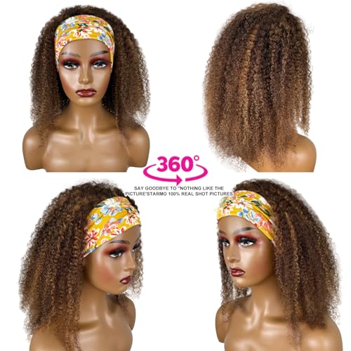 Ombre Highlight Headband Wig Human Hair #4/27 Colored Kinky Curly Headband Wig for Black Women Glueless None Lace Front Human Hair Wigs Brazilian Virgin Hair Wear and Go Wigs 150% Density 20 Inch