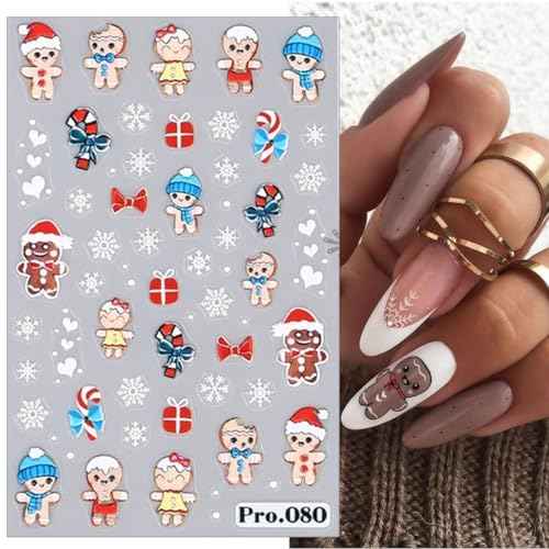 Christmas Nail Art Stickers 6 Sheets Self-Adhesive Santa Claus Nail Stickers Cute Gingerbread Man Snowman Nail Decals Christmas Tree Bell Gift Flower Nail Art Design Stickers for Women Manicure DIY