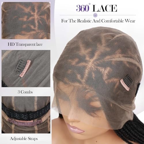 360 Full Lace Knotless Box Braided Wig, Long Black Synthetic Hair, Triangle Lace Front (Black, 34 inches)