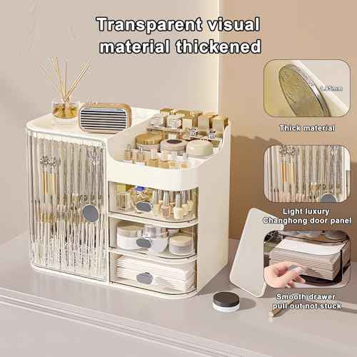 DASITON Makeup Organizer for Vanity,Large Capacity Makeup Storage Organizer with 3-Layer Drawers and Mirror,Cosmetics Display Case Make up Organizers for Vanity,Bedroom,Countertop(Clear-Cream)