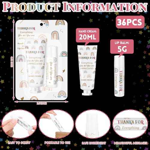 Loopeer 36 Set/ 72 Pcs Bulk Christmas Employee Appreciation Gift Lip Balm Hand Cream Thanksgiving Christmas Team Gifts Boho Rainbow Thank You Party Favors for Women Coworker Teacher Staff Volunteer