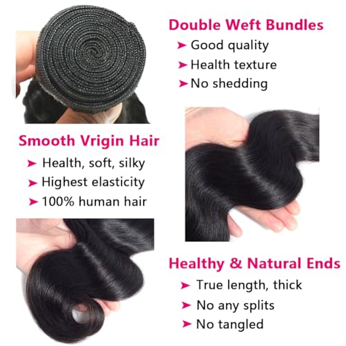 Body Wave Bundles with Closure Brazilian 3 Bundles with Closure (16 18 20+14) Unprocessed Virgin Human Hair Body Wave Bundles with 5x5 Lace Closure Free Part