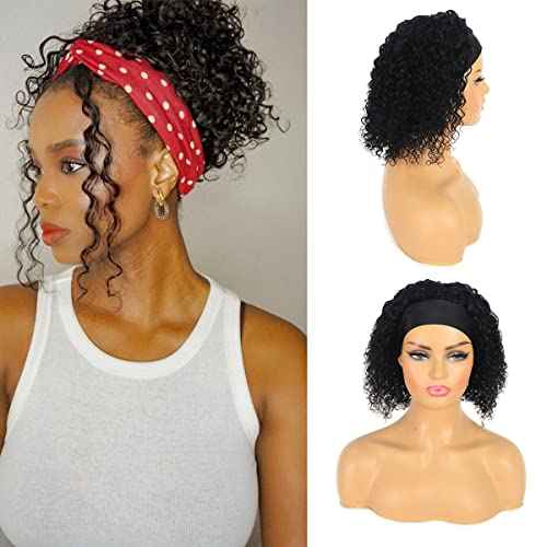 Short Curly Headband Wigs Human Hair Wig for Black Women, Glueless Kinky Curly Weave Wigs 100% Unprocessed Hair None Lace Front Wigs Color 1B 150% Density (14", 1B, Curly)