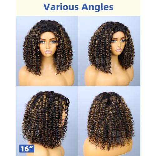 BLY Highlight Water Wave Half Wig Human Hair 3 in 1 Glueless Drawstring Flip Over Wear Go Wig for Women 1B 30 Color 180 Density Short Bob Wigs 10 Inch