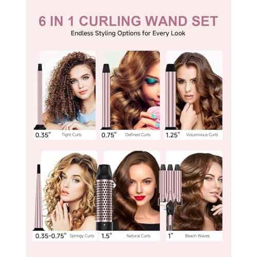 6 in 1 Wand Curling Iron, 3 Barrel Curling Iron Set with Thermal Brush (1.5") and 5 Interchangeable Ceramic Wand Curler (0.35"-1.25"), 2 Temp Heating Setting, Halloween Christmas Gifts for Women