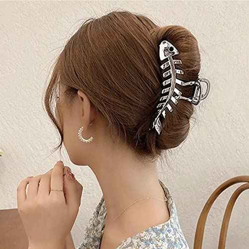 Hair Jaw Claw Clips Fish Bone Shape Large Metal Gold Fashion Nonslip Hairpin Catch Clip Accessories for Thick/Thin Hair HairStyling (Sliver)