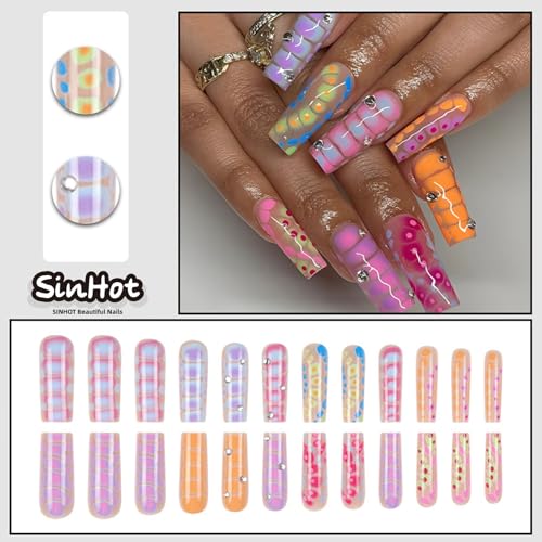 SINHOT Square Press on Nails - Long Fake Nails, Glossy Finish, Colorful Ombre & Crocodile Print, DIY Artificial False Nail Art - 24 Pcs Nail Kit with Glue