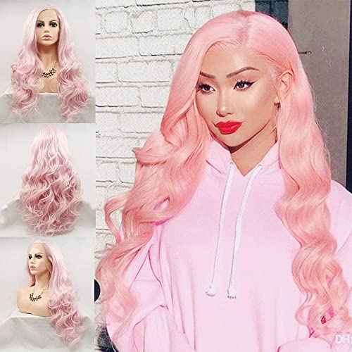 Pink Lace Front Wigs for Women Long Wavy Synthetic Hair Wig Soft Lace Wig with Natural Hairline Glueless Heat Resistant Fiber Hair for Women 24 Inch Cosplay Wigs (Pastel Pink)