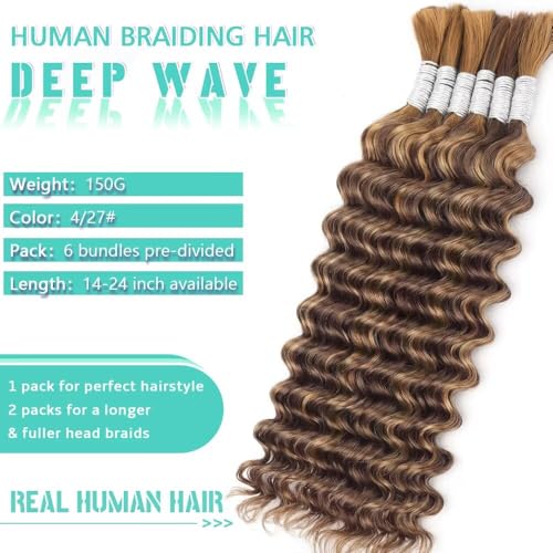 Ombre Braiding Hair Deep Water Wave Bulk Human Hair 18 Inch 6 Bundles/Pack 150g No Weft Curly Human Hair for Boho Braids Hair Extensions Knotless 12A Virgin Ombre Balayage 4/27