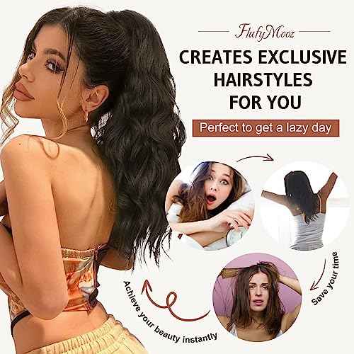 FLUFYMOOZ Ponytail Extension, 18 Inch Claw Clip Ponytail Extension, Wavy Curly Claw Clip in Ponytail Hair Extensions, Natural Fake Ponytail Synthetic Hairpiece for Women (Natural Black)