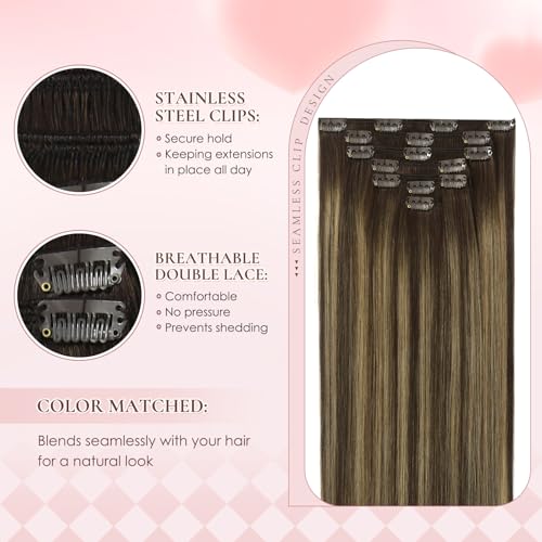 18 Inch Invisible Clip in Real Human Hair Extensions,Balayage Chocolate Brown to Caramel Blonde,85 Gram 7 Pieces With 16 Clips,Remy Thick Straight Hair, No Slip, No Shedding