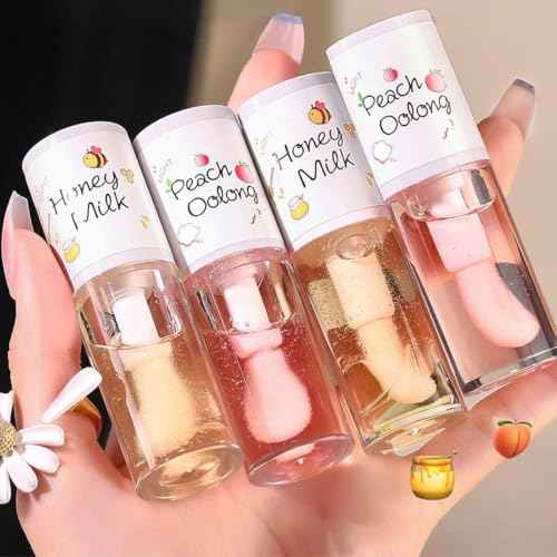 4Pcs Hydrating Clear Lip Oil,Crystal Jelly Honey Lip Gloss with Big Brush,Long Lasting Nourishing Lip Care Lip Glow Oil,Moisturizing Tinted Lip Balm,Fresh Texture Flavoring Oil Lip Makeup