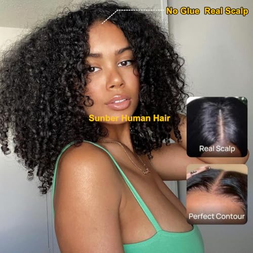 Sunber V Part Wig Human Hair Glueless Wig Kinky Curly Upgrade No Leave Out Vpart Afro Kinky Curly Wigs 150% Density Glueless Clip in Half Wigs No Glue No Sew in Beginner Friendly 16Inch