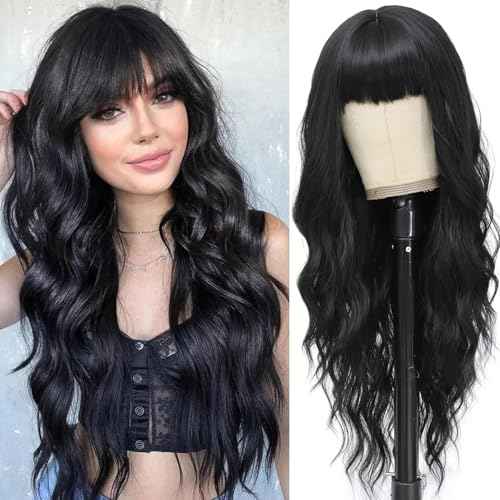 Black Wig with Bangs for Women Long Black Wavy Wigs 26 Inch Natural Black Wigs Natural Looking Heat Resistant Synthetic Wig for Daily Party Use