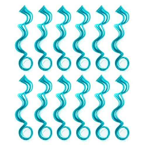SWACC 12 Pcs Curly Wavy One Color Party Highlights Clip on in Hair Extensions Colored Hair Streak Synthetic Hairpieces (Teal Blue)
