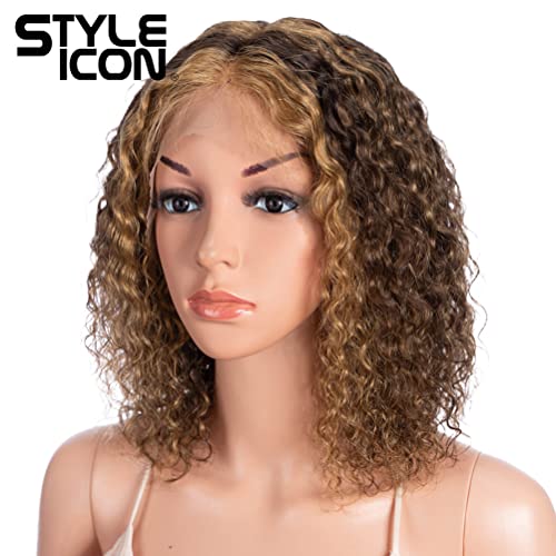 Style Icon Human Hair Wigs Short Curly Wigs Fluffy Afro Wigs T-Part Deep Wave Pre Plucked HD Lace Front Wigs (12", PI4/27)