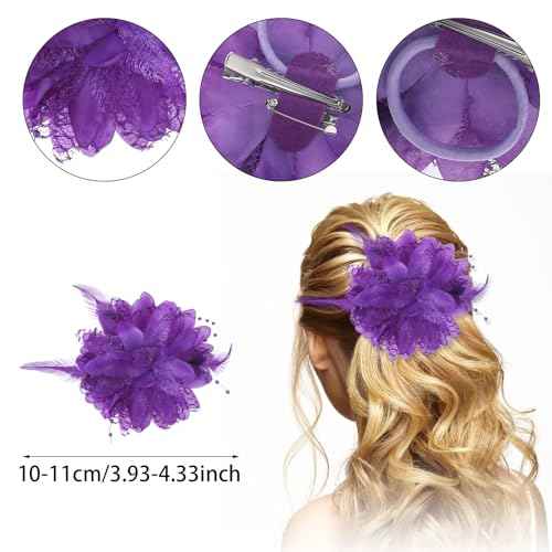 Purple Feather Hair Clip - Ladies Artificial Flower Brooch Hairpin Barrette for Girl Headwear Dress Up - Halloween, Christmas, Valentine, Wedding, Prom