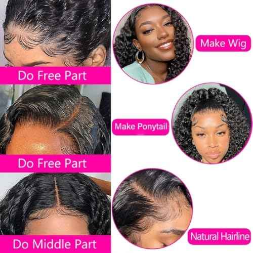 13x4 HD Lace Frontal Closure Deep Wave 18 Inch Ear To Ear Frontal Free Part Closure with Baby Hair Brazilian Virgin Curly Human Hair for Women Pre Plucked Frontals Closure Natural Black