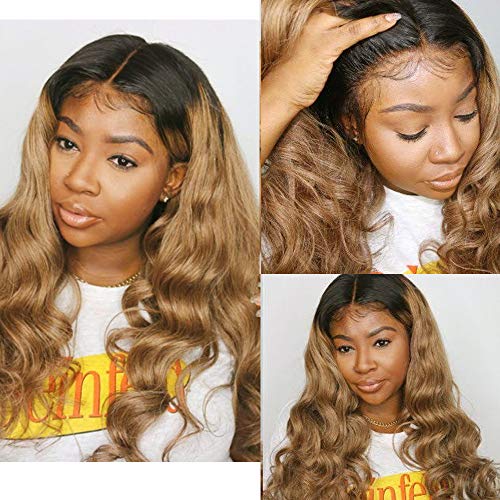 Ombr Lace Front Wigs Dark Roots to Strawberry Blonde Brazilian Natural Wavy Remy Human Hair Wigs Free Part Bleached Knots 13x4 Deep Part 2 Tones Colored Lace Wigs 22¡° 150 Density for Black Women