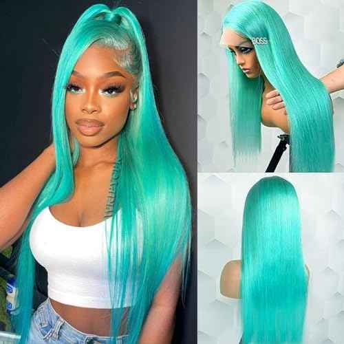 Blue Green Color Synthetic Lace Front Wigs for Fashion Women 24 Inch Long Silky Straight Hair Mint Green Wig 13x4 HD Lace Front Wigs Pre Plucked Hairline
