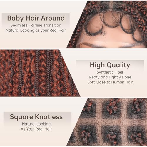 Knotless Boho Braided Wigs for Black Women Full Double Lace Human Hair Blended Synthetic Box Braids Wig with Bohemia Curly Ends (1B350, 28 Inch)