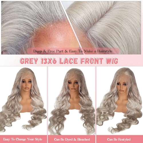 Munx Lace Front Wig Human Hair 180% Density Silver Grey Body Wave Lace Front Wigs Pre Plucked HD Transparent Colored Lace Front Wigs 100% Real Human Hair 24 Inch