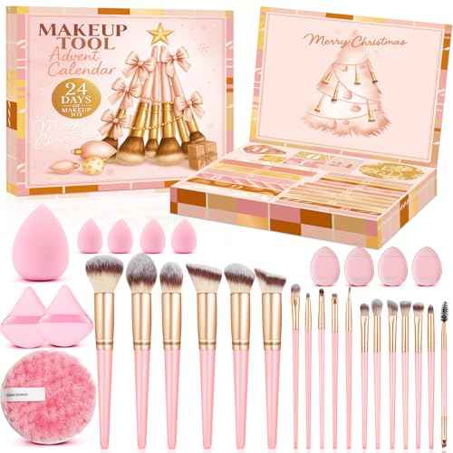 Makeup Brush Advent Calendar 2025 for Teen Girls Women, 24 Days of Beauty Advent Calendar with 18 Multi-functional Brushes, Sponges & Clean Puff, Christmas Countdown Gift for Wife Daughter Sister