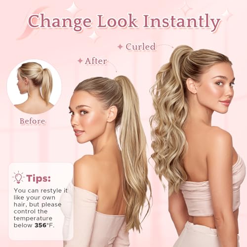 Human Hair Claw Clip Ponytail Extension 100% Real Human Hair Clip-In Extensions for Women Long Straight Pony Tails 14 Inches 105g #18P613 Light Blonde mixed Bleach Blonde
