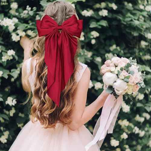 Hair Bows for Women Girls,Red Silky Satin Hair Barrettes with Long Ribbon Tail Big French Cute Hair Bows Clip Hair Accessories for Party Women Girl