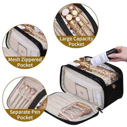 Leather Makeup Bag for Women, Portable Travel Cosmetic Bags Zipper Make Up Pouch for Ladies Woman, Large Toiletry Organizer Bag for Toiletries Cosmetics Accessories, Black