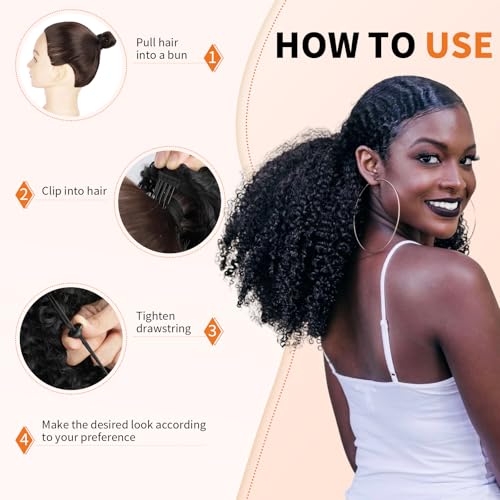 Afro Kinky Curly Ponytail Human Hair 150% Density Brazilian Virgin Hair 4C Afro Puff Drawstring Ponytail Extension for Black Women Natural Color 24 Inch