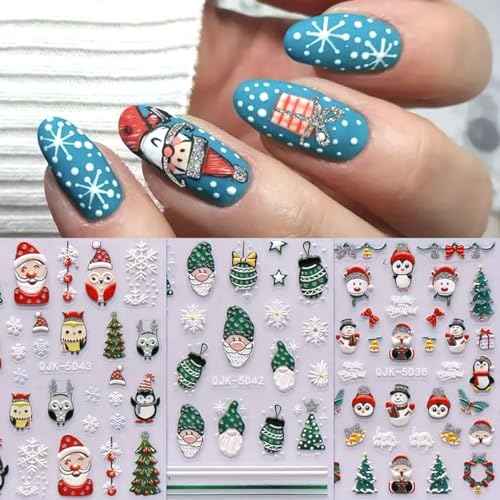 Christmas Nail Art Stickers White Snowflake 5D Embossed Nail Decals for DIY or Nail Salon, Self-Adhesive Santa Claus Xmas Tree Green Dwarf Design Acrylic Stickers Nail Art Supplies for Women Decor
