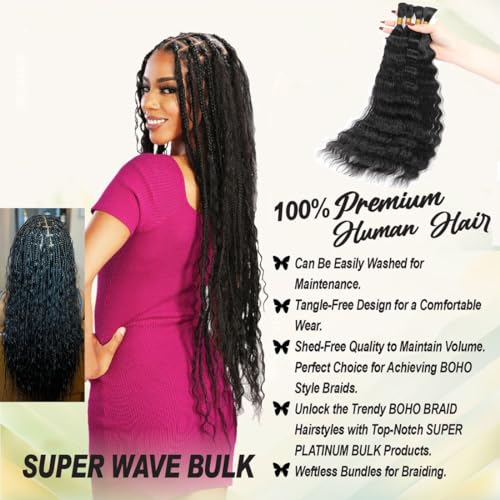 Super Wave Bulk Human Hair 100% Unprocessed Brazilian Virgin Human Hair Extensions Bundles for Braiding Hair Wet and Wave Micro Human Hair (1Pack-4PCS, 22inch, Natural Black)