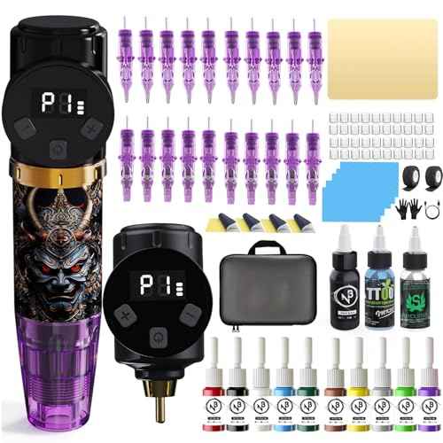 Tattoo Kit Tattoo Gun Wireless Tattoo Machine with 2 Batteries, Tattoo Ink Color Set, 20Pcs Tattoo Needles and Full Accessories Tattoo kit Complete for Beginners(Purple)