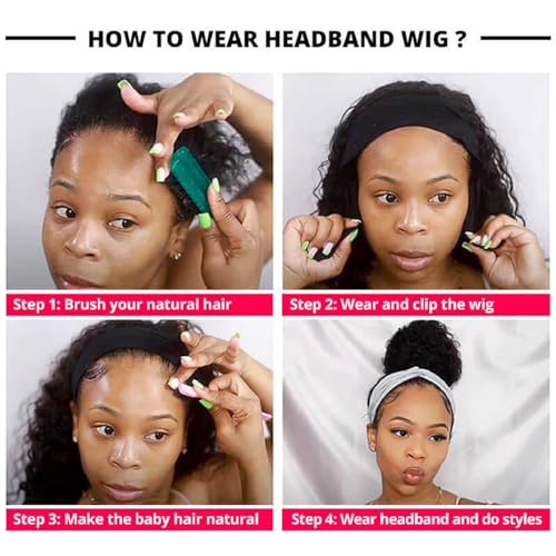 Headband Wig Human Hair Kinky Straight 20 Inch Glueless None Lace Front Wigs for Black Women Headband Half Wigs 180% Density Natural Color