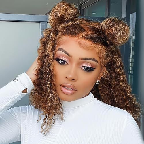 Highlight Ombre Bob Wig Human Hair 13x6 Deep Curly Wave Lace Frontal 4/27 Colored, 200 Density Short Wigs for Women Pre Plucked with Baby Hair Natural Hairline (12 Inch)