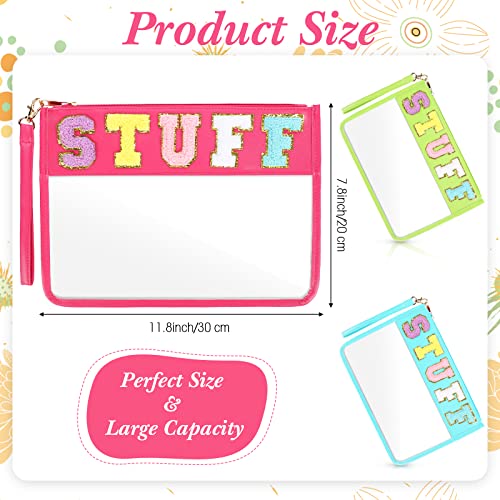 Nuanchu 9 Pcs Clear Chenille Letter Bag Stuff Pouch PVC Waterproof Preppy Cosmetic Makeup Bag Snack Travel Beach Pouch with Wrist let for Teen Women Gifts Operation Christmas Gifts Items