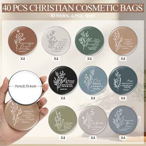 Kacctyen 40 Sets Advent Beauty Calendar Spanish Christian Gifts for Women Regalos Cristianos Para Mujer for Christmas Religious Canvas Makeup Bags with Bible Verse Compact Mirrors (Boho Color)