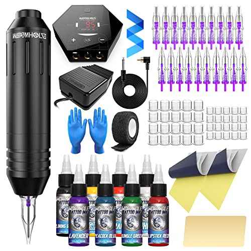 Wormhole Tattoo Gun Tattoo Kit Tattoo Machine Kit Complete Tattoo Pen Kit with Tattoo Power Supply Tattoo Ink Tattoo Supply for beginners and Tattoo Artist WTK074
