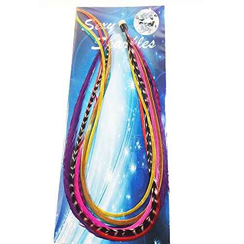 Feather Hair Extension ? Rainbow Mix, Eight Real Rooster Feathers, All Bonded at the Tip, Ranging From 8 to 11 Inches in Length, One Extension