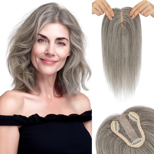 Hair Toppers for Women Real Human Hair with No Bangs 3.1¡¿3.9 Inch Silk Base Clip-In Topper Natural Looking Hairpieces for Women£¨8 Inch,Dark Grey£©