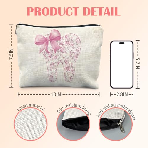 Coquette Pink Chinoiserie Bow Tooth Makeup Bag for Women, Dental Assistant Hygienist Gifts for Women, Dentist Gifts Cosmetic Bag for Purse, Dental Makeup Zipper Pouch