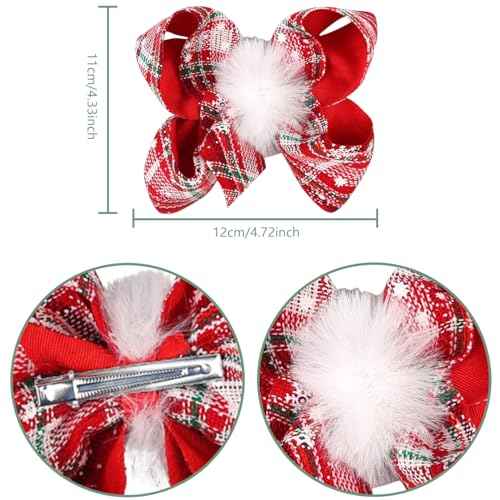2PCS Christmas Hair Bows for Girls Large Bow Hair Barrette Clip Christmas Bow Clips for Toddler Baby Christmas Plaid Hair Bow Handmade Snowflakes Bowknot Hairpins Kids Hair Accessories(Style A)